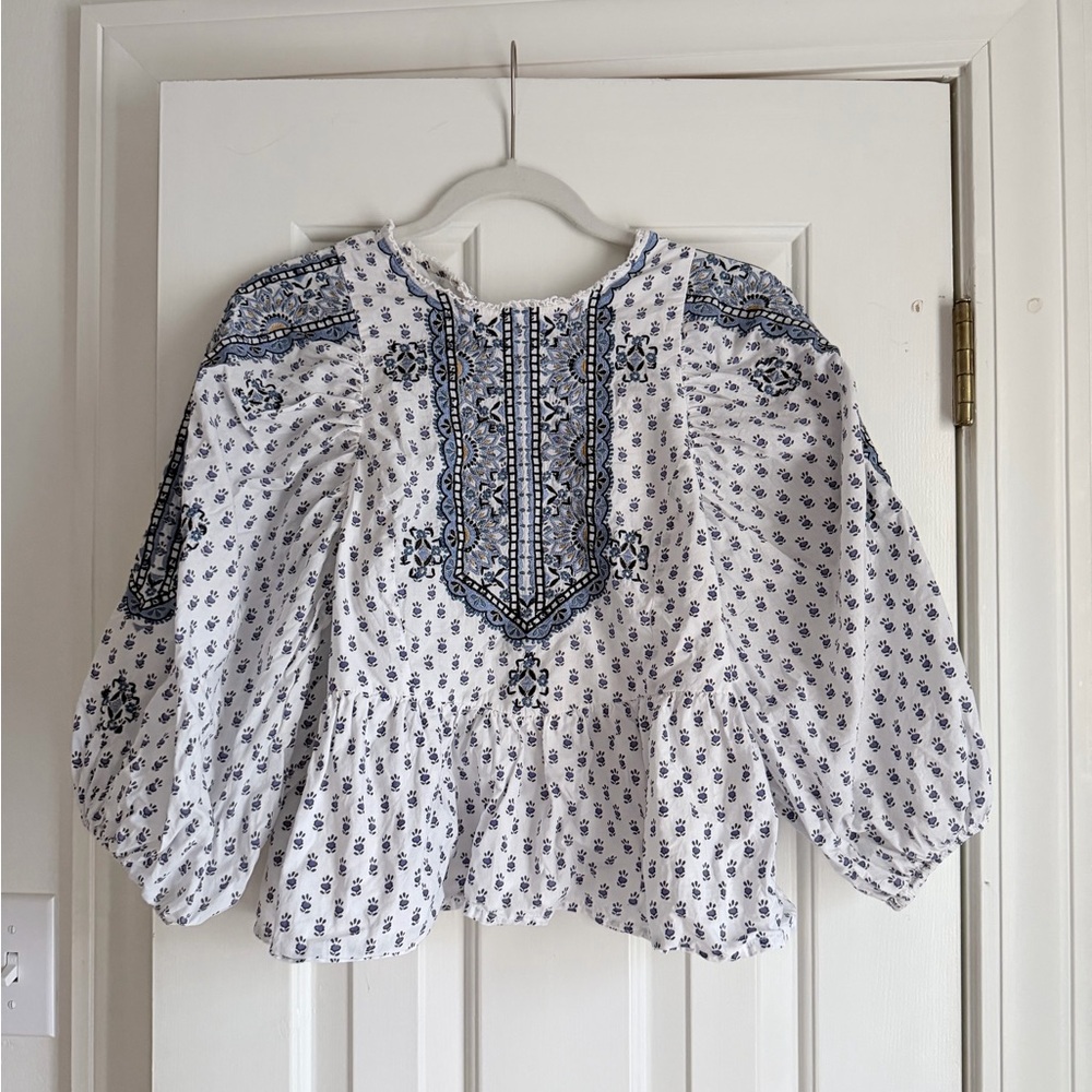 Anthropologie Blue and White Patterned Blouse